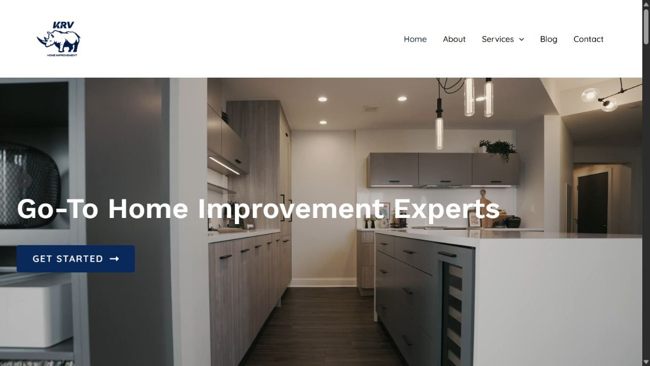 Página de inicio de KRV Home Improvement con propuesta, imagen de cocina y acceso a contacto.