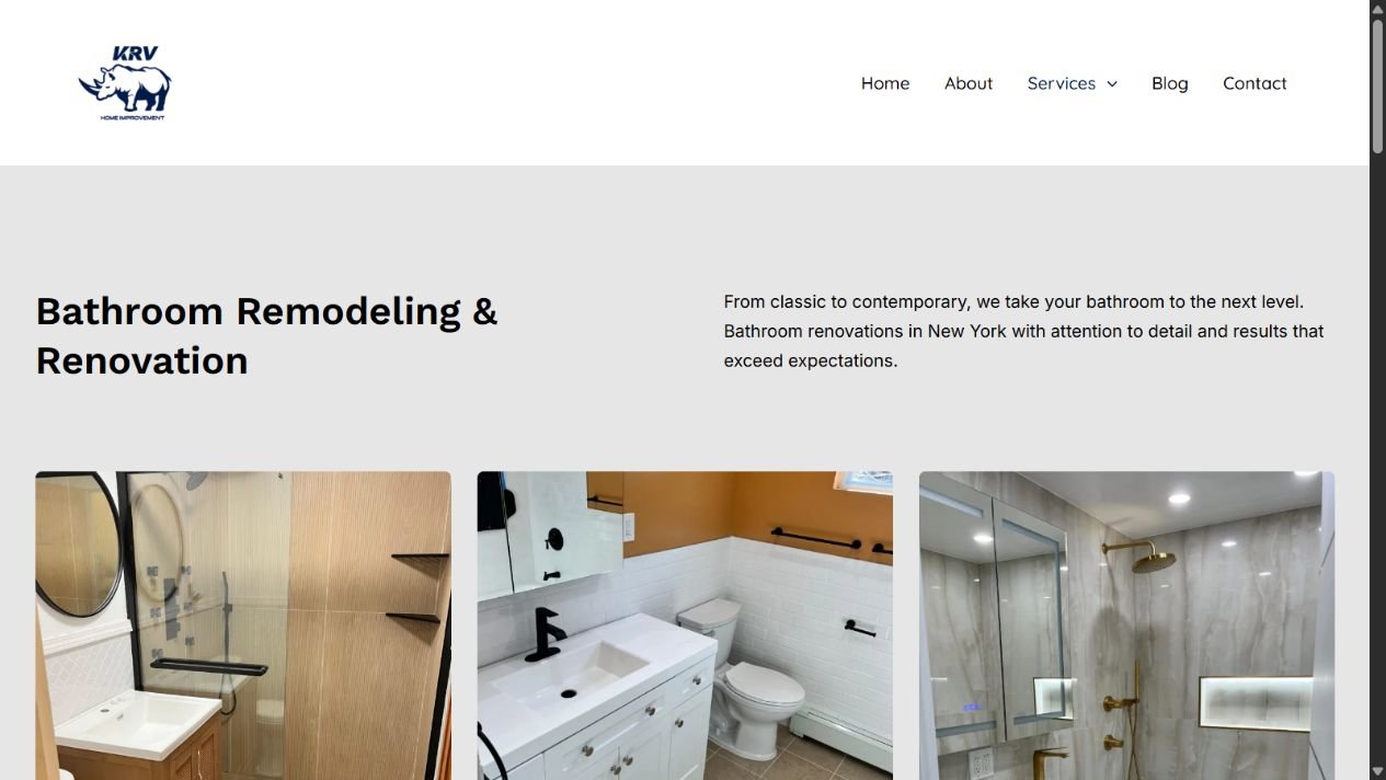 Página de remodelación de baños de KRV Home Improvement con introducción y galería de proyectos.